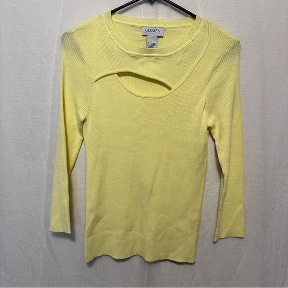 Carmen Marc Valvo Ribbed Sweater Womens Size Large Keyhole Front Yellow - Picture 3 of 7